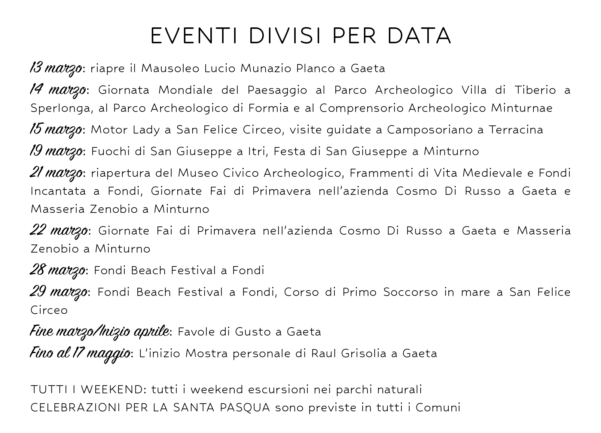 Il calendario degli eventi divisi per data